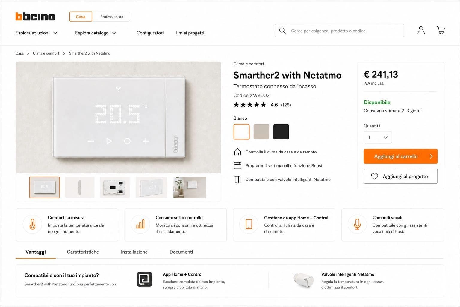 Concept della scheda prodotto Casa: vantaggi, compatibilità e informazioni per l’utilizzo del termostato.