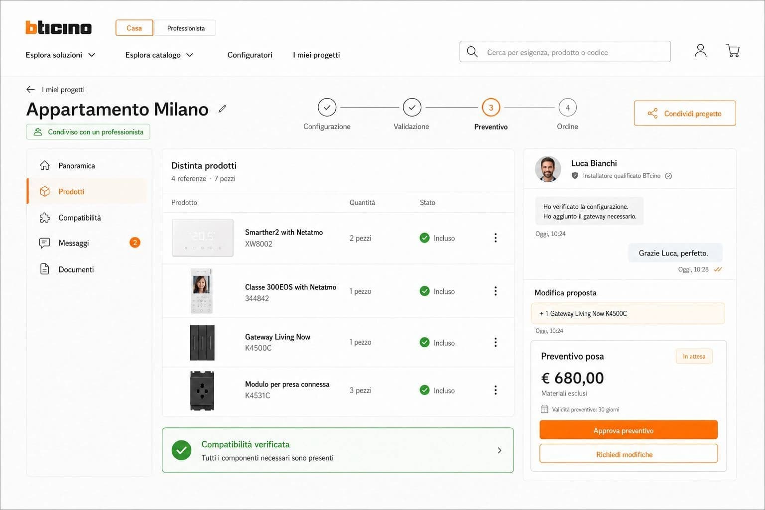 Concept dell’area progetto BTicino: distinta prodotti e confronto tra cliente e professionista.